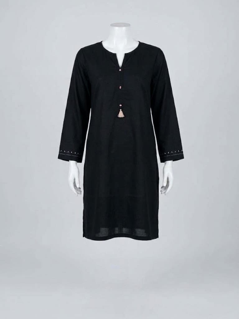 Black top with a split neckline, buttons, a tassel and hand embroidered cuffs