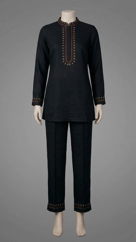 Black hand embroidered cotton set Embroided black